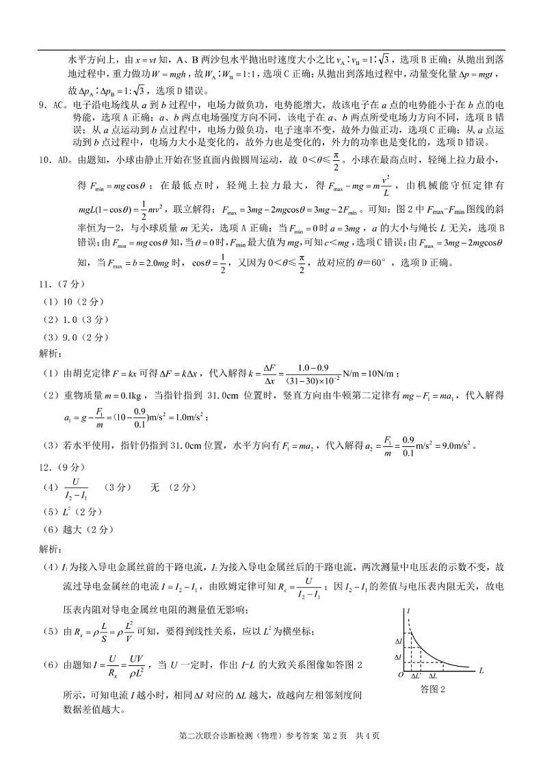 重庆康德2023年普通高等学校招生全国统一考试高三第二次联合诊断检测物理参考答案(1)第2页