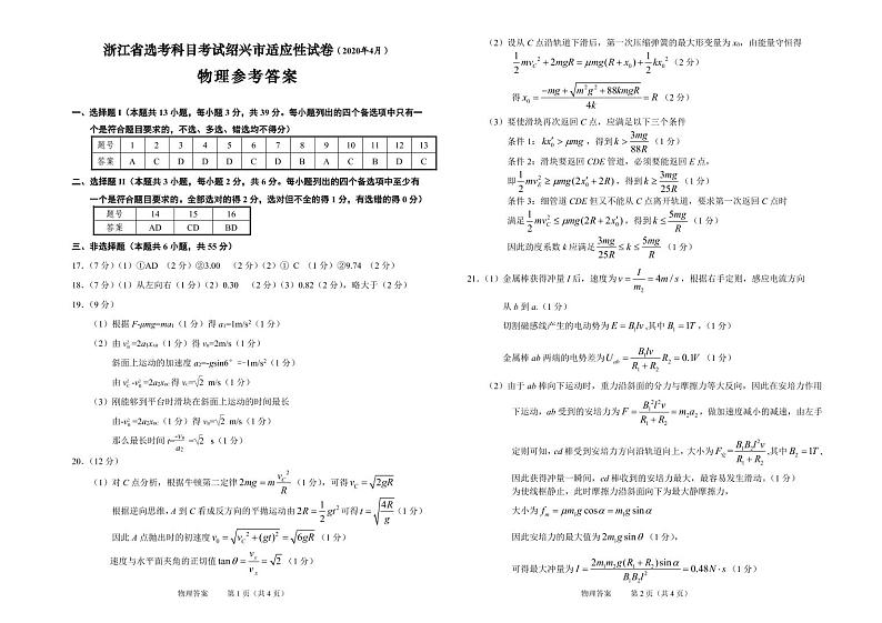 2020届浙江省绍兴市高三4月高考科目考试适应性试卷（一模）物理试题 PDF版01