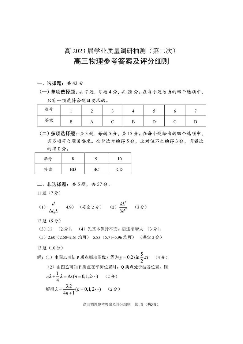 重庆主城区二诊高2023届学业质量调研抽测（第二次）物理答案第1页