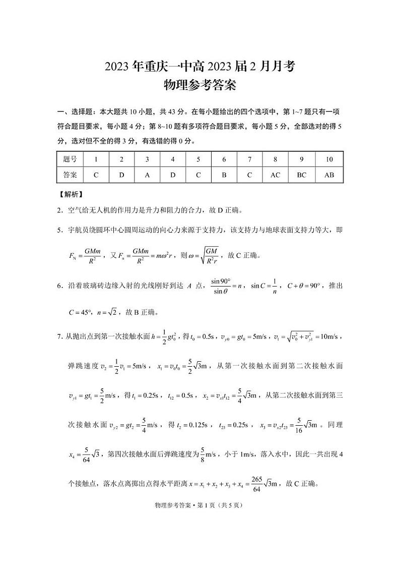 2023年重庆一中高2023届2月月考物理-答案第1页