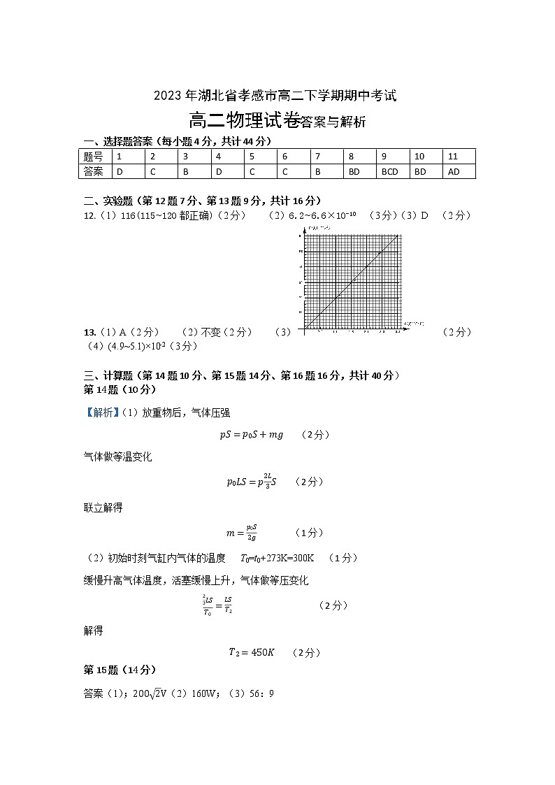 2023孝感重点高中教科研协作体高二下学期4月期中联考物理试题含答案01