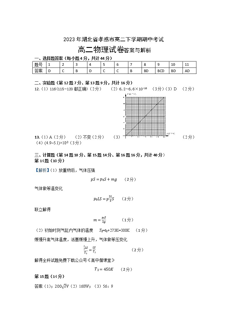 2023孝感重点高中教科研协作体高二下学期4月期中考试物理含解析01