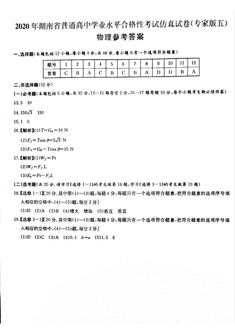 2020年湖南省普通高中学业水平合格性考试仿真模拟卷（专家版五） 物理 PDF版01