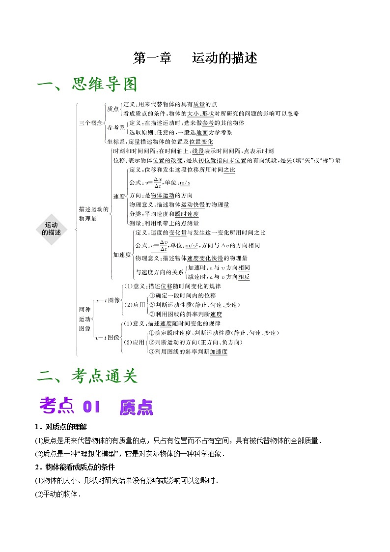 第一章 运动的描述【思维导图+考点通关】（解析版）第1页