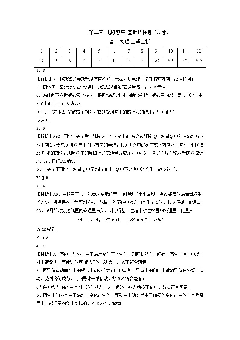 第二章 电磁感应 基础达标卷（A卷）-【单元测试】2022-2023学年高二物理分层训练AB卷（人教版2019选择性必修第二册）01