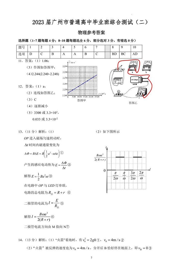 2023年广州市普通高中毕业班综合测试（二）物理答案第1页