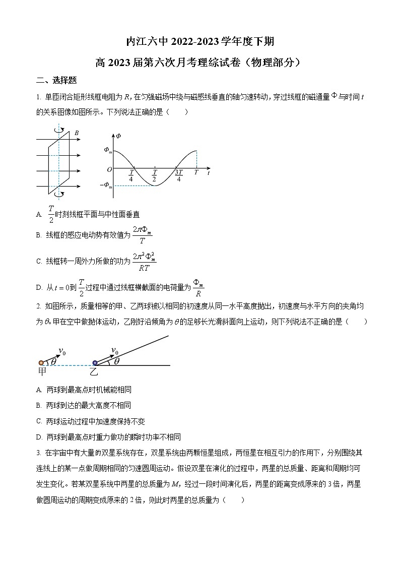 2022-2023学年四川省内江市第六中学高三下学期第六次月考理综物理试题 （解析版）01