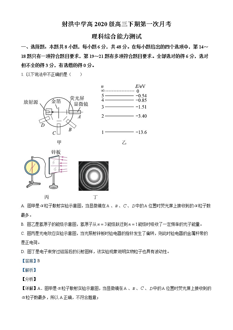 四川省遂宁市射洪中学校2022-2023学年高三下学期3月月考理综物理试题  Word版含解析第1页