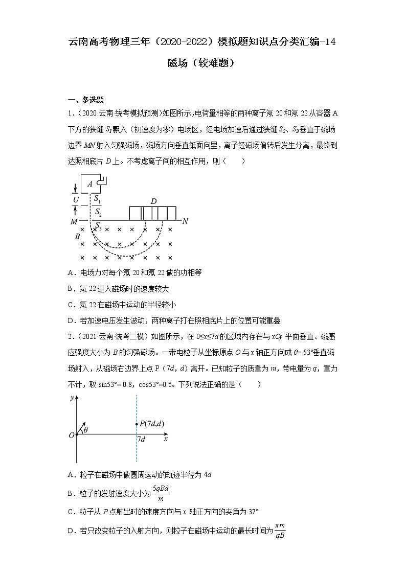 云南高考物理三年（2020-2022）模拟题知识点分类汇编-14磁场（较难题）01