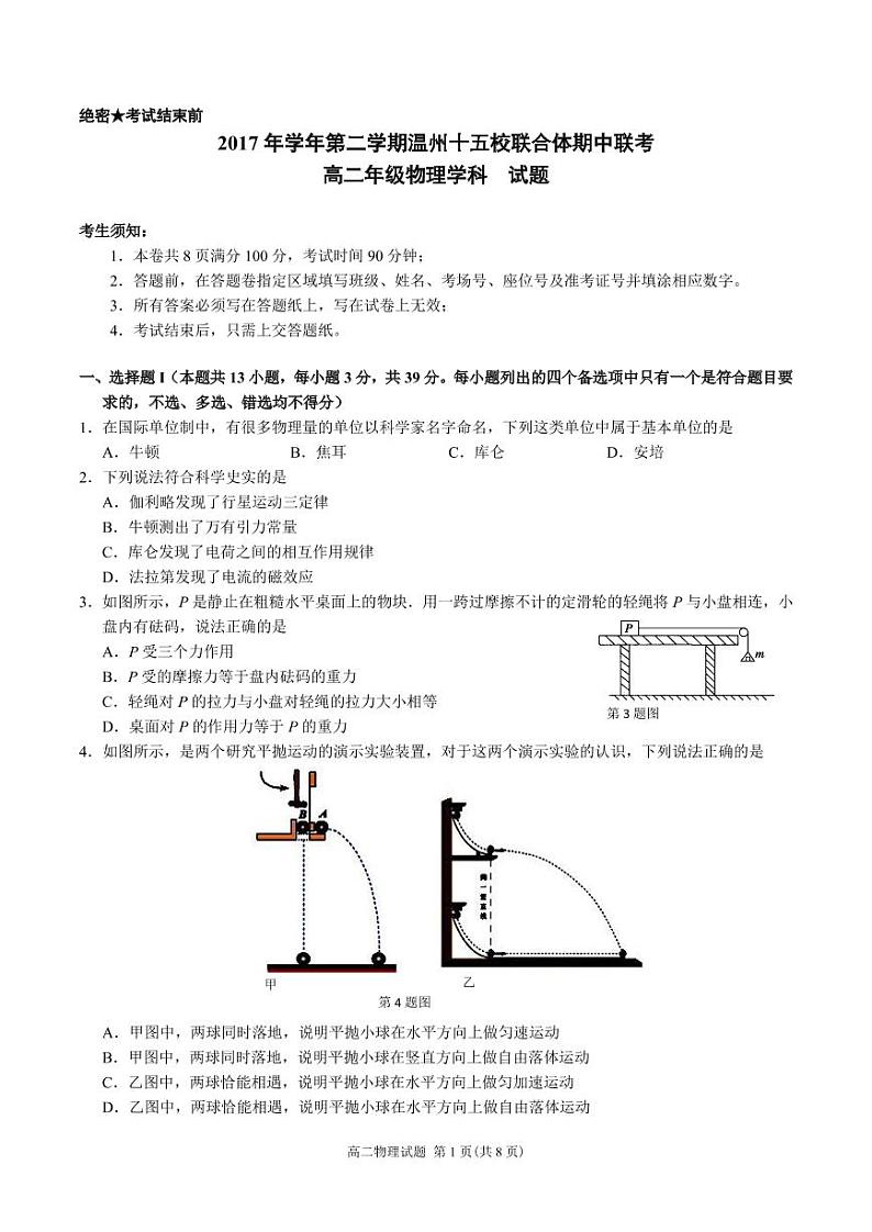 浙江省温州市十五校联合体2017-2018学年高二下学期期中联考物理试题 PDF版含答案第1页