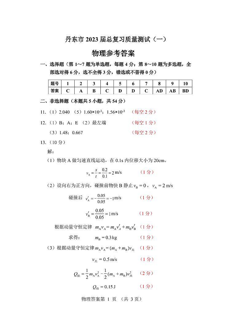 2023届辽宁省丹东市高三下学期总复习质量测试（一）（一模） 物理 PDF版01