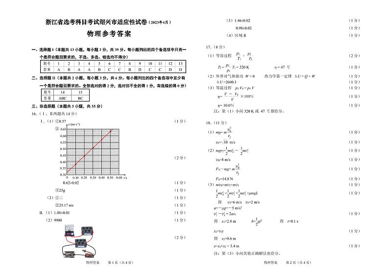 2023届浙江省绍兴市高三下学期适应性考试（二模）物理答案第1页
