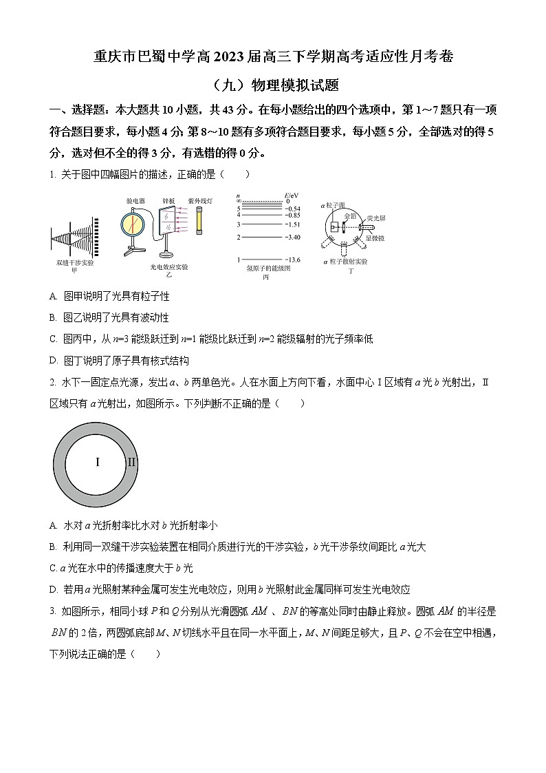 重庆市巴蜀中学2022-2023学年高三下学期高考适应性月考卷（九）物理模拟试题1  Word版无答案 第1页