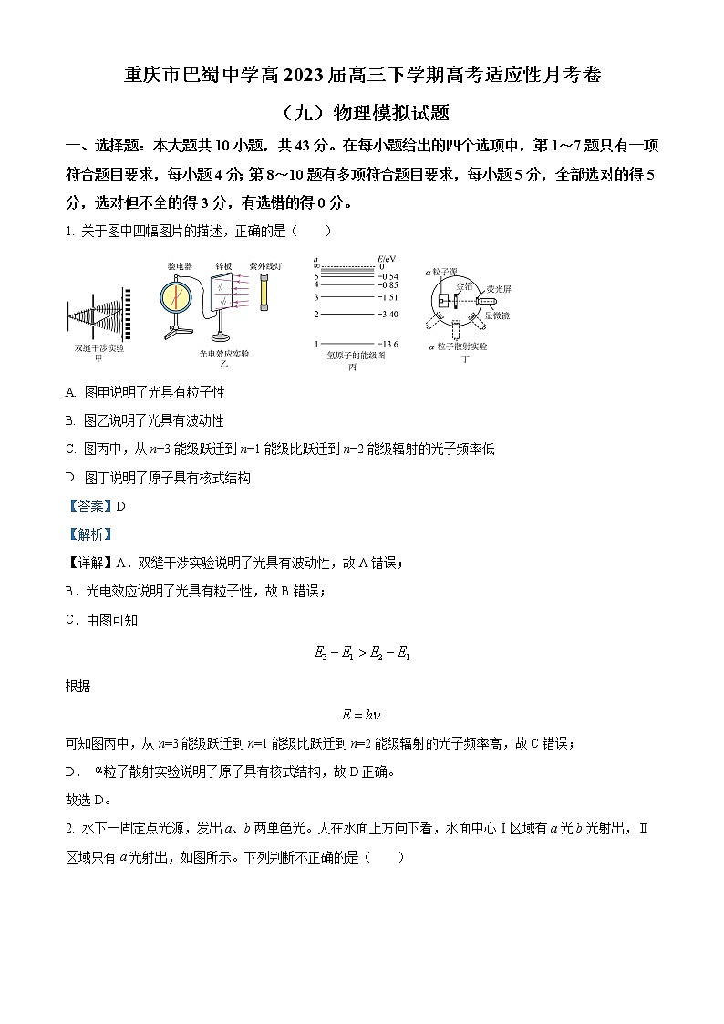 重庆市巴蜀中学2022-2023学年高三下学期高考适应性月考卷（九）物理模拟试题1  Word版含解析第1页