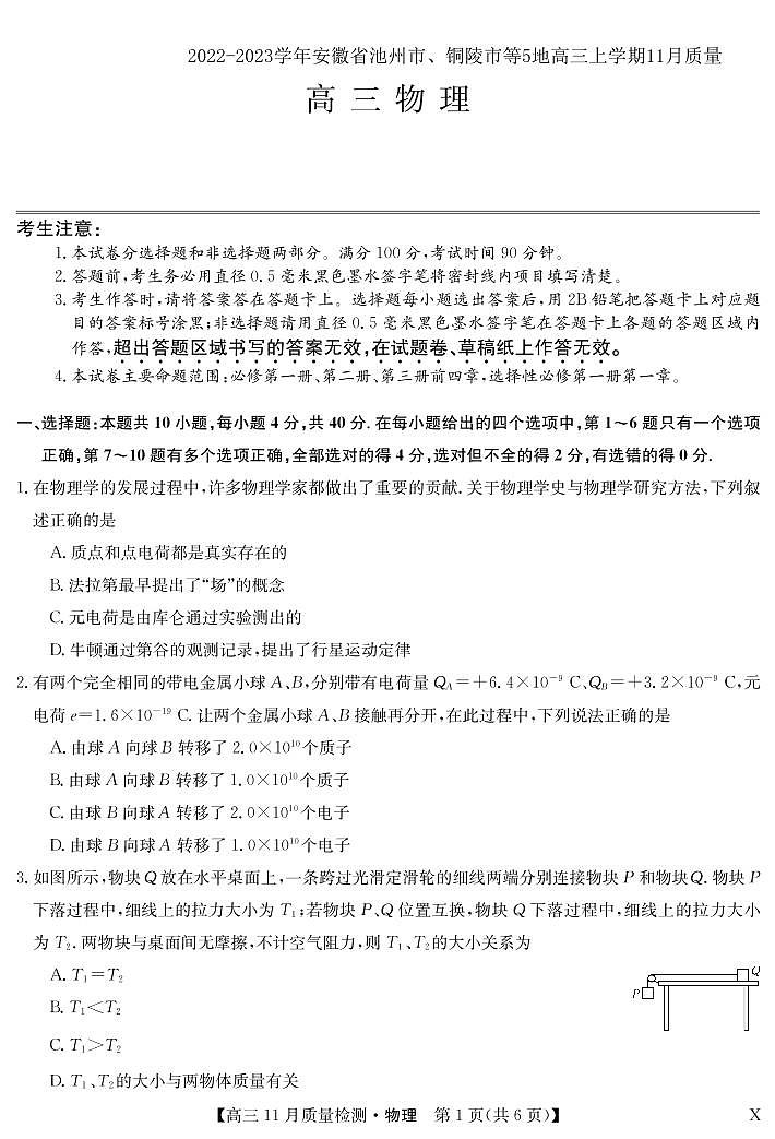 2022-2023学年安徽省池州市、铜陵市等5地高三上学期11月质量检测 物理 PDF版第1页