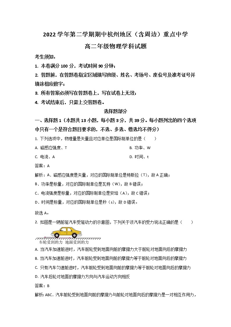2022-2023学年浙江省杭州地区（含周边）重点中学高二下学期期中联考物理试题 解析版第1页