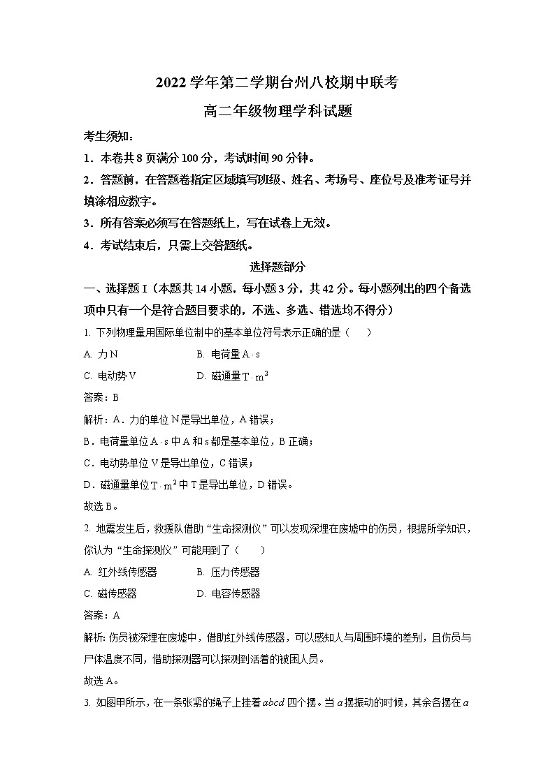 2022-2023学年浙江省台州市八校高二下学期期中联考物理试题 解析版01