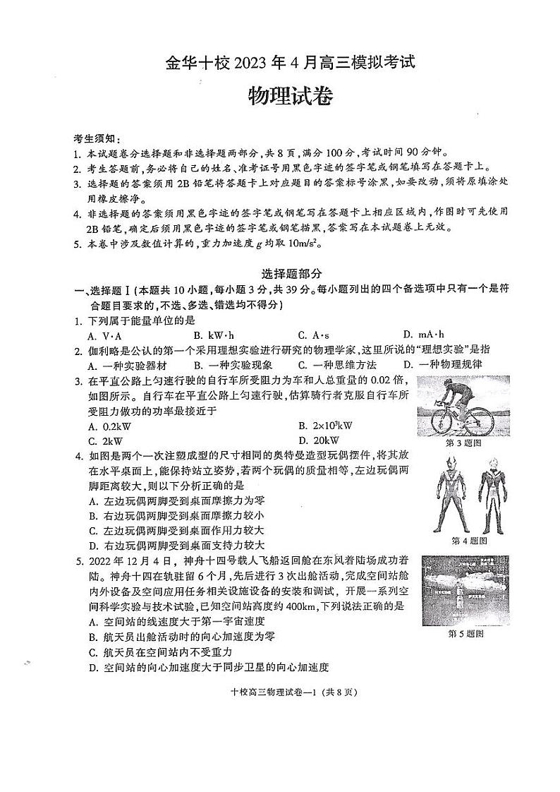 金华十校2023年4月高三模拟考试 物理第1页