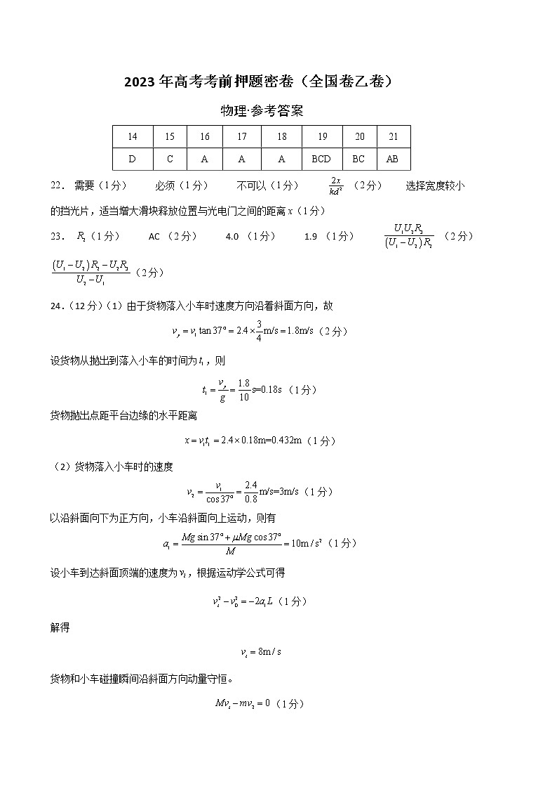 2023年高考考前押题密卷-物理（全国乙卷）（参考答案）第1页