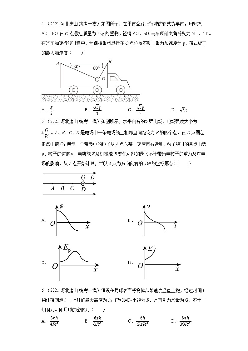 河北省唐山市高考物理三年（2021-2023）模拟题（一模）按题型分类汇编-01选择题02