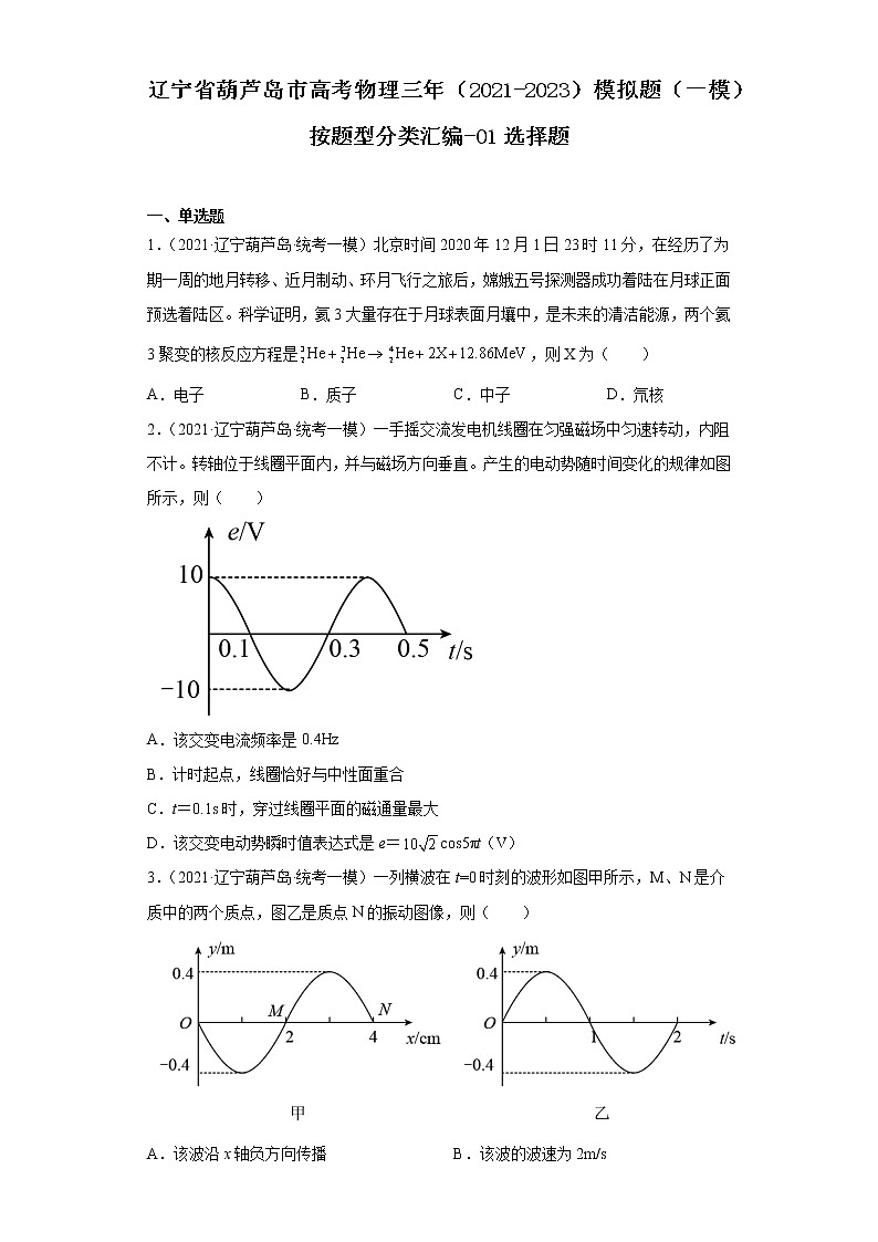辽宁省葫芦岛市高考物理三年（2021-2023）模拟题（一模）按题型分类汇编-01选择题第1页