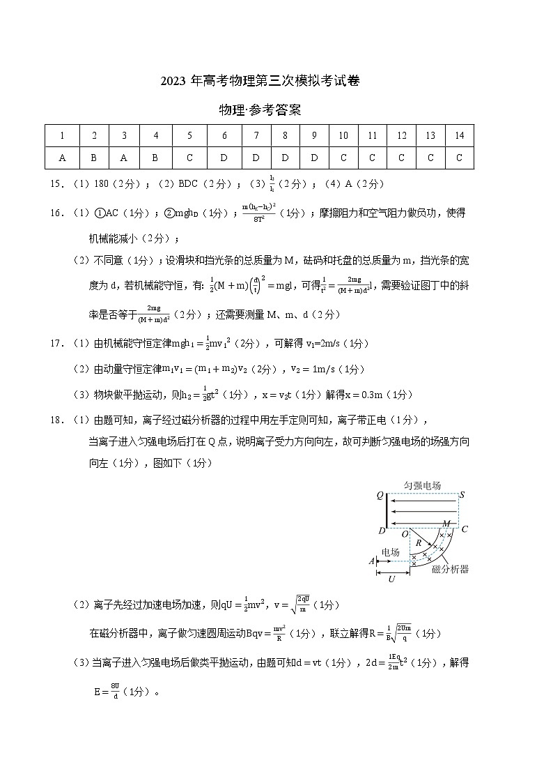 2023年高考第三次模拟考试卷-物理（北京A卷）（参考答案）01