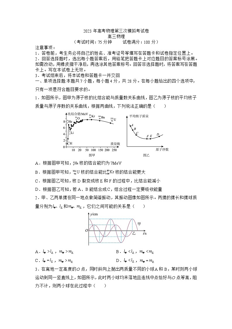 2023年高考第三次模拟考试卷-物理（重庆A卷）（考试版）A4第1页