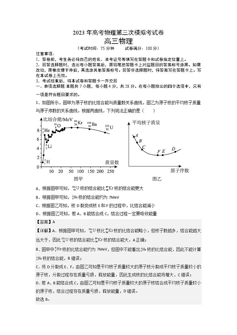 2023年高考第三次模拟考试卷-物理（重庆A卷）（全解全析）A4第1页