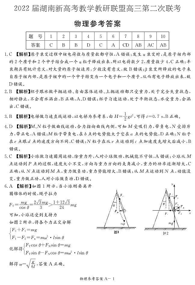 2022届湖南省新高考教学教研联盟高三下学期4月第二次联考试题 物理（PDF版）01