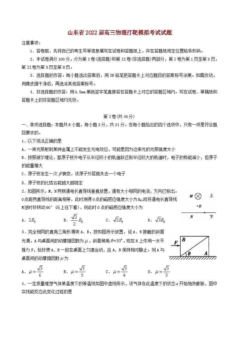 山东省2022届高三物理打靶模拟考试试题第1页
