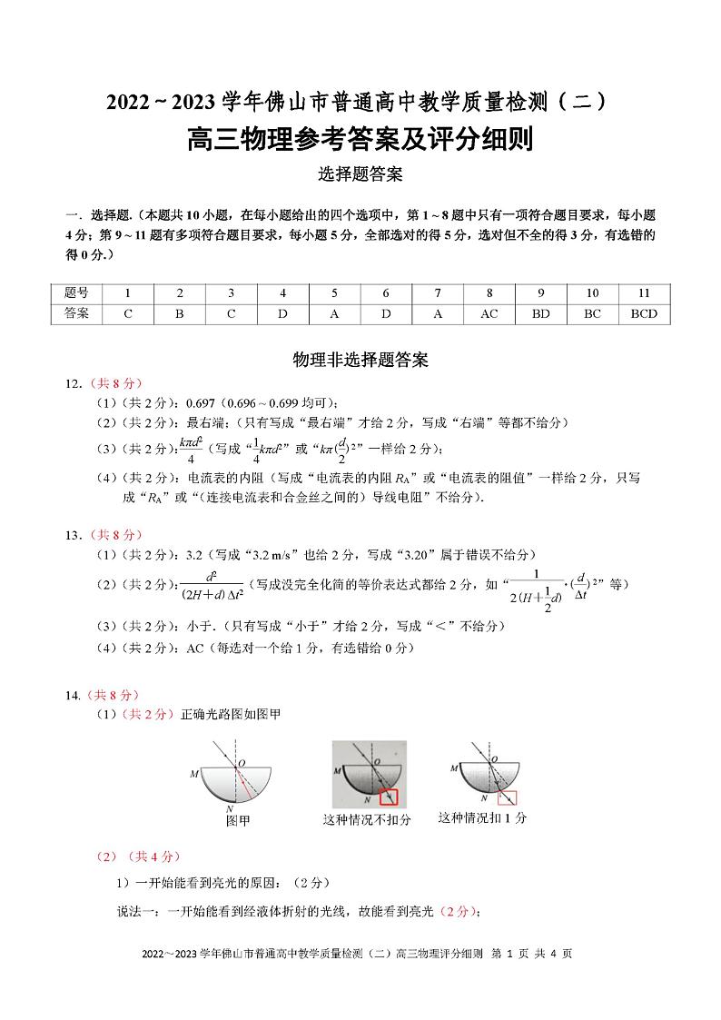 2023届广东省佛山市普通高中高三教学质量检测(二)（二模）物理参考答案第1页