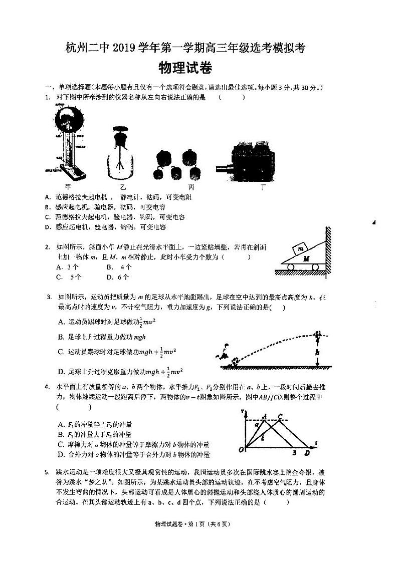 2020届浙江省杭州市第二中学高三上学期选考模拟考物理试题 PDF版第1页