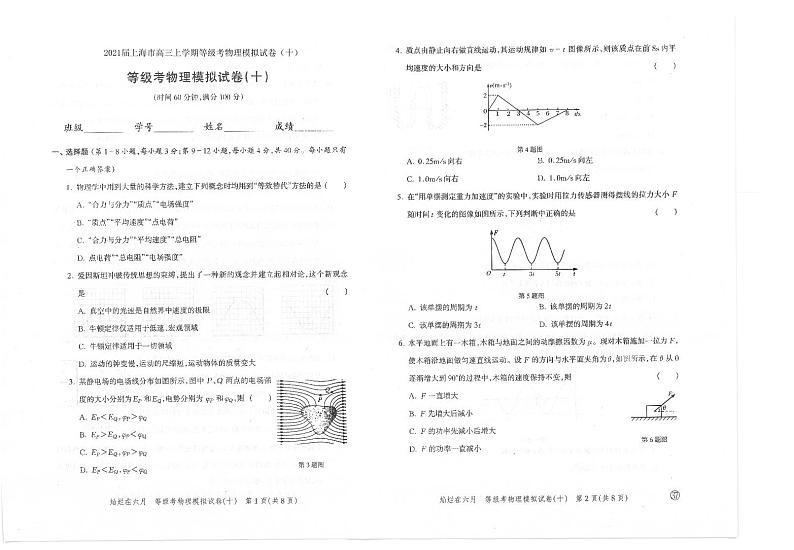 上海市 2021届 高三上学期 等级考 物理 冲刺模拟试卷(PDF版，有答案)第1页