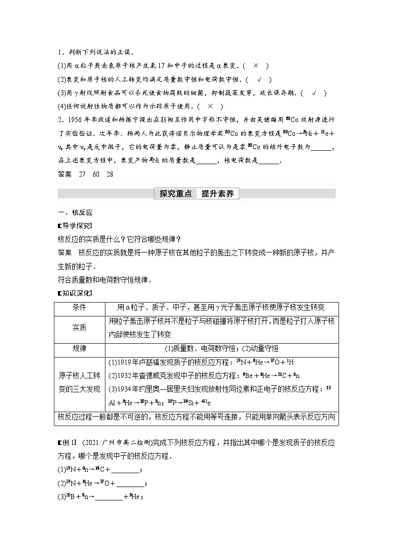 高中物理新教材同步选修第三册 第5章　5.2　第2课时　核反应　放射性同位素及其应用  （教师版）第2页