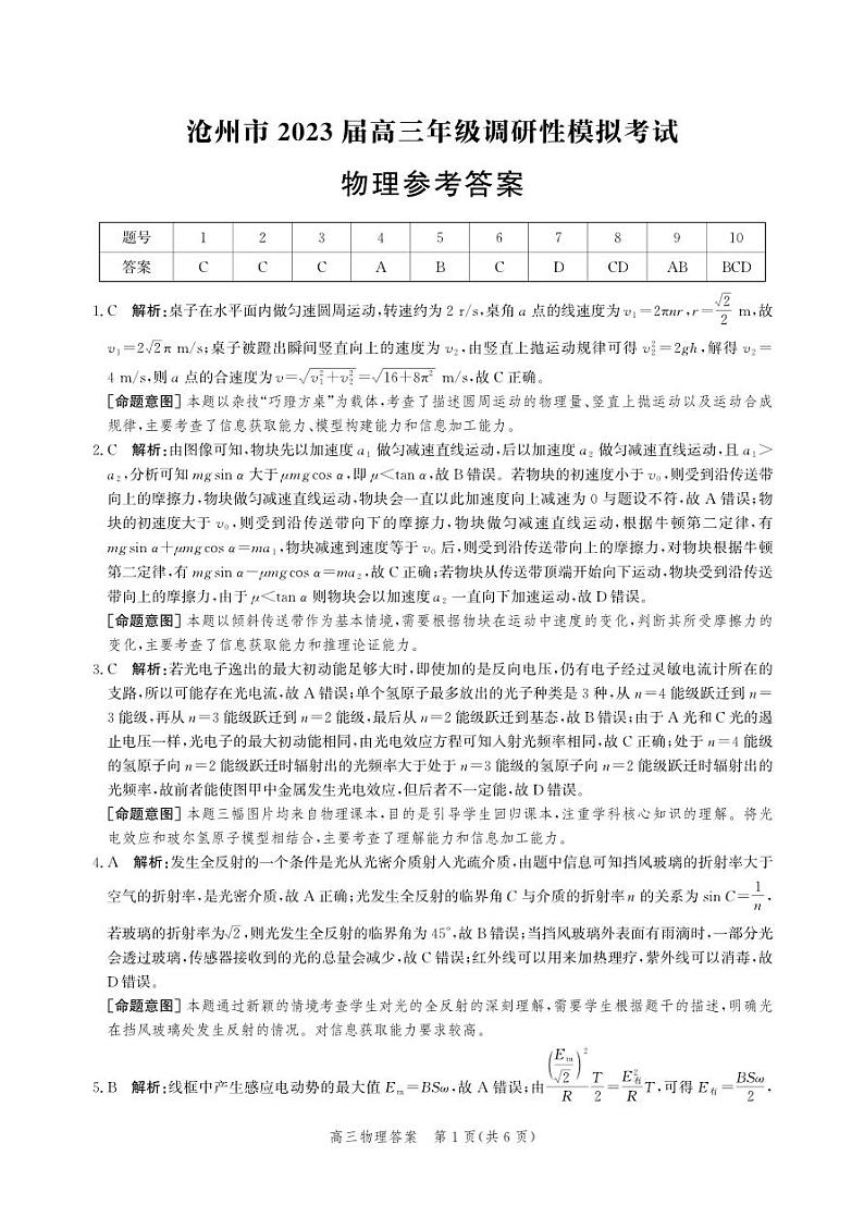 2023届河北省沧州市高三下学期调研性模拟考试（一模） 物理 PDF版01