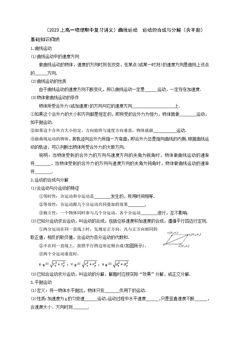 第五章+专题：曲线运动+运动的合成与分解（含平抛）期中复习讲义-2022-2023学年高一下学期物理人教版（2109）必修第二册01