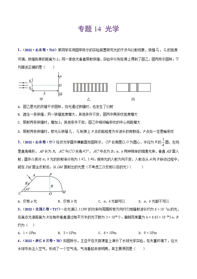 专题14 光学——【全国通用】2020-2022三年高考物理真题分类汇编（原卷版+解析版）01