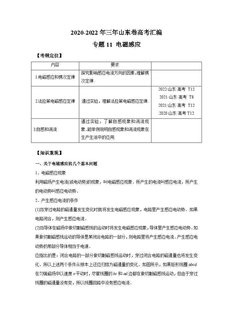 专题11 电磁感应——【山东专用】2020-2022三年高考物理真题分类汇编（原卷版+解析版）01