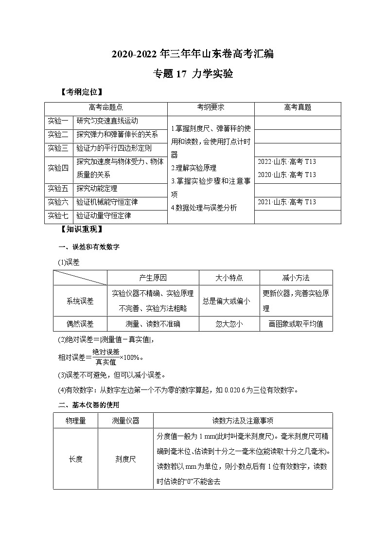 专题17 力学实验——【山东专用】2020-2022三年高考物理真题分类汇编（原卷版+解析版）01