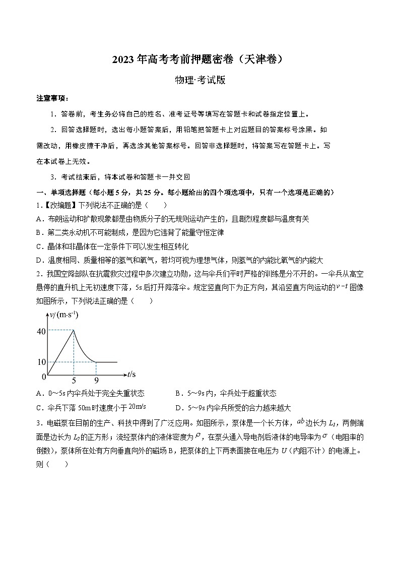 2023年高考考前押题密卷：物理（天津卷）（考试版）第1页