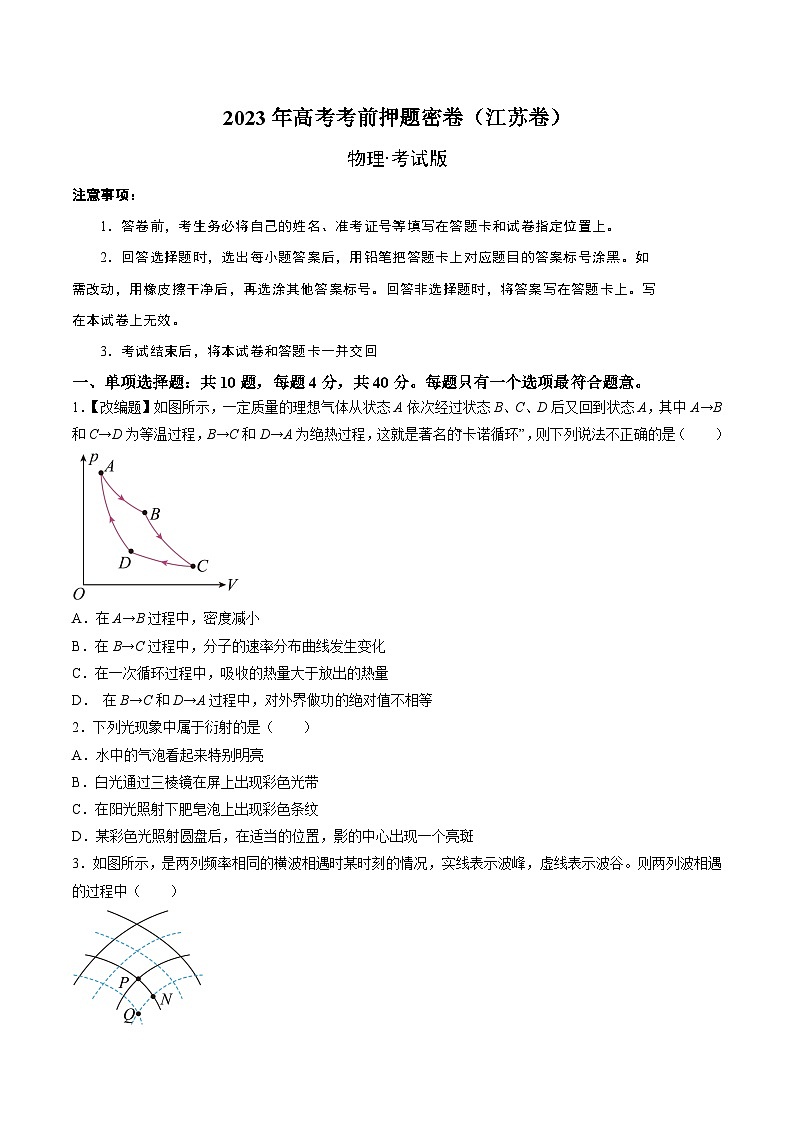 2023年高考考前押题密卷：物理（江苏卷）（考试版）第1页