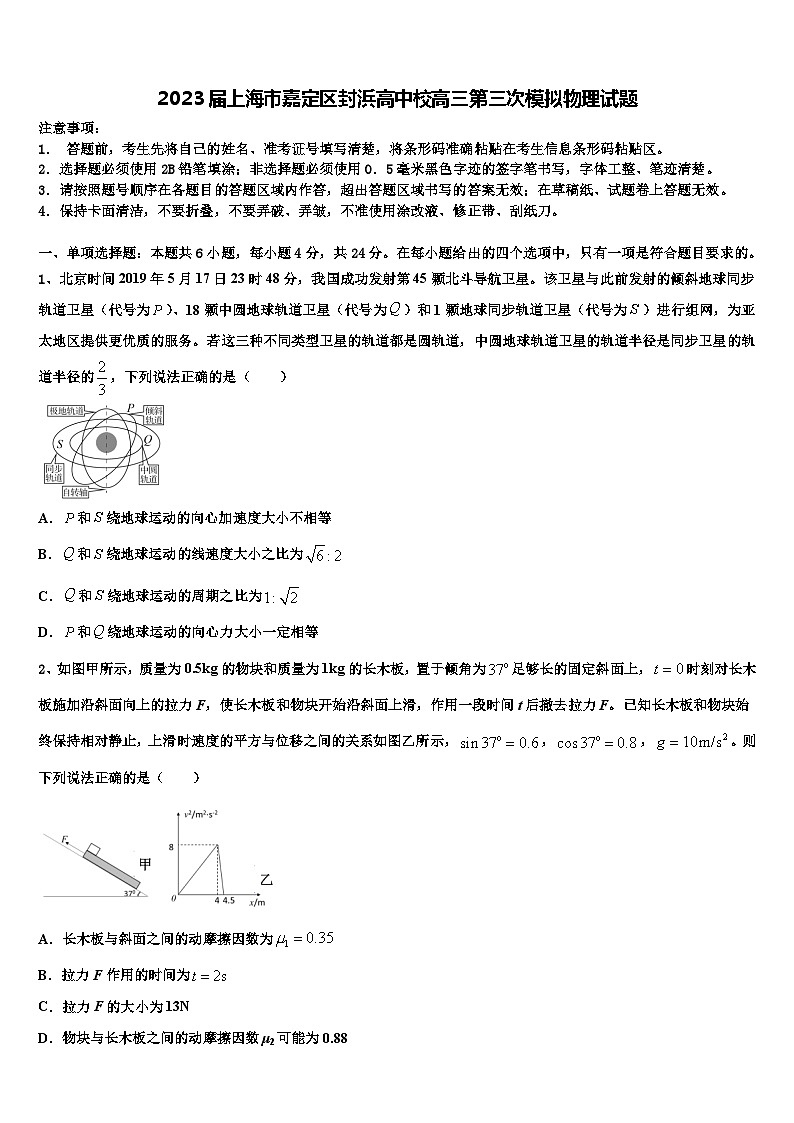 2023届上海市嘉定区封浜高中校高三第三次模拟物理试题第1页
