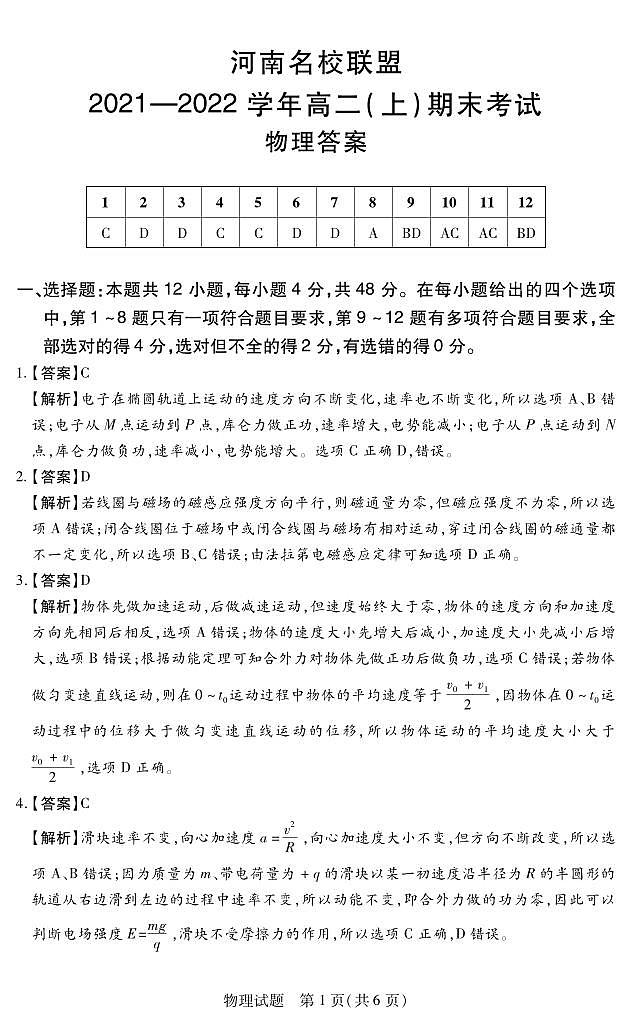2021-2022学年河南省名校联盟高二上学期期末考物理试题PDF版含答案01