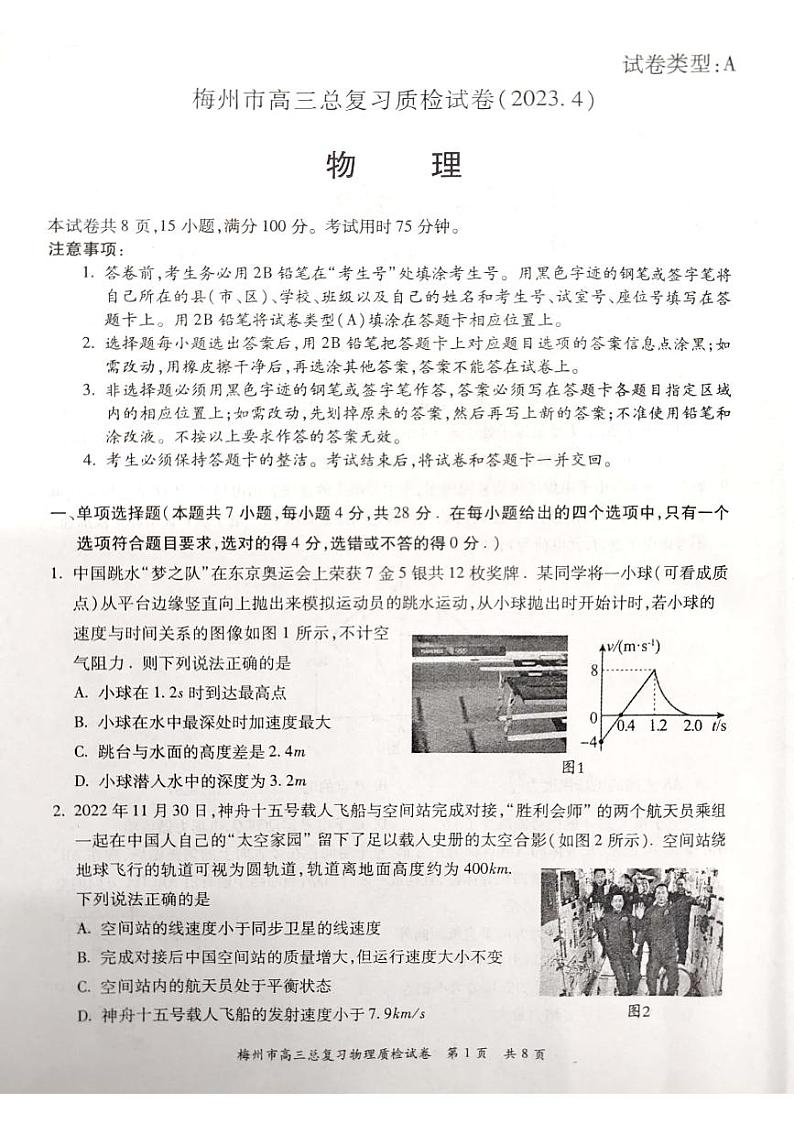 2023届广东省梅州市高三总复习质检（二模）物理PDF版含答案01