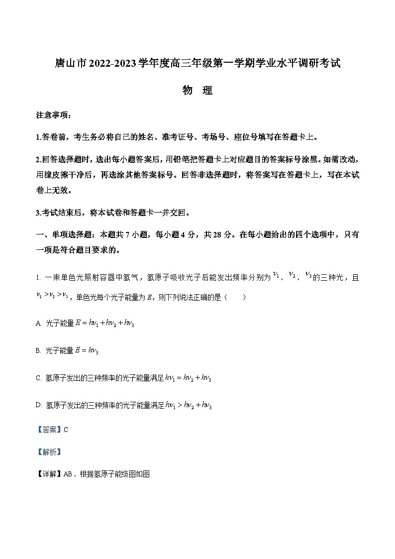 2022-2023学年河北省唐山市高三上学期学业水平调研考试物理试题含解析01