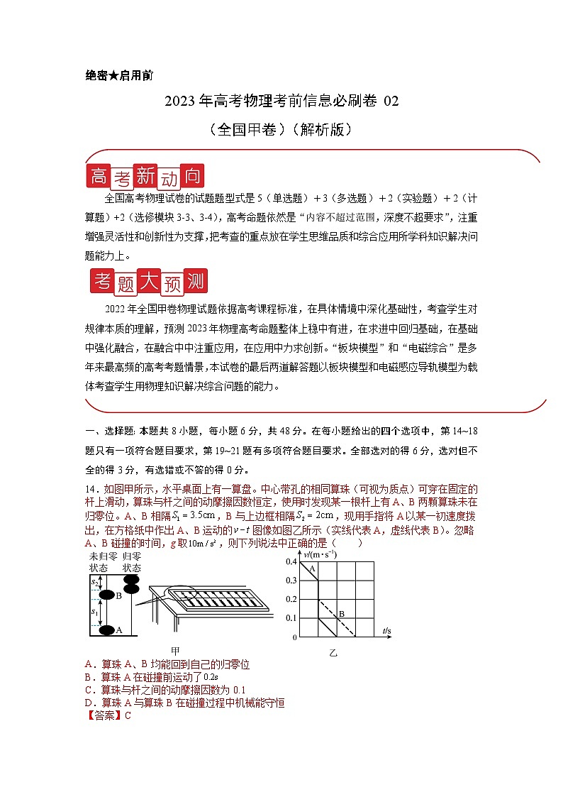 必刷卷02——【高考三轮冲刺】2023年高考物理考前20天冲刺必刷卷（全国甲卷）（解析版）第1页