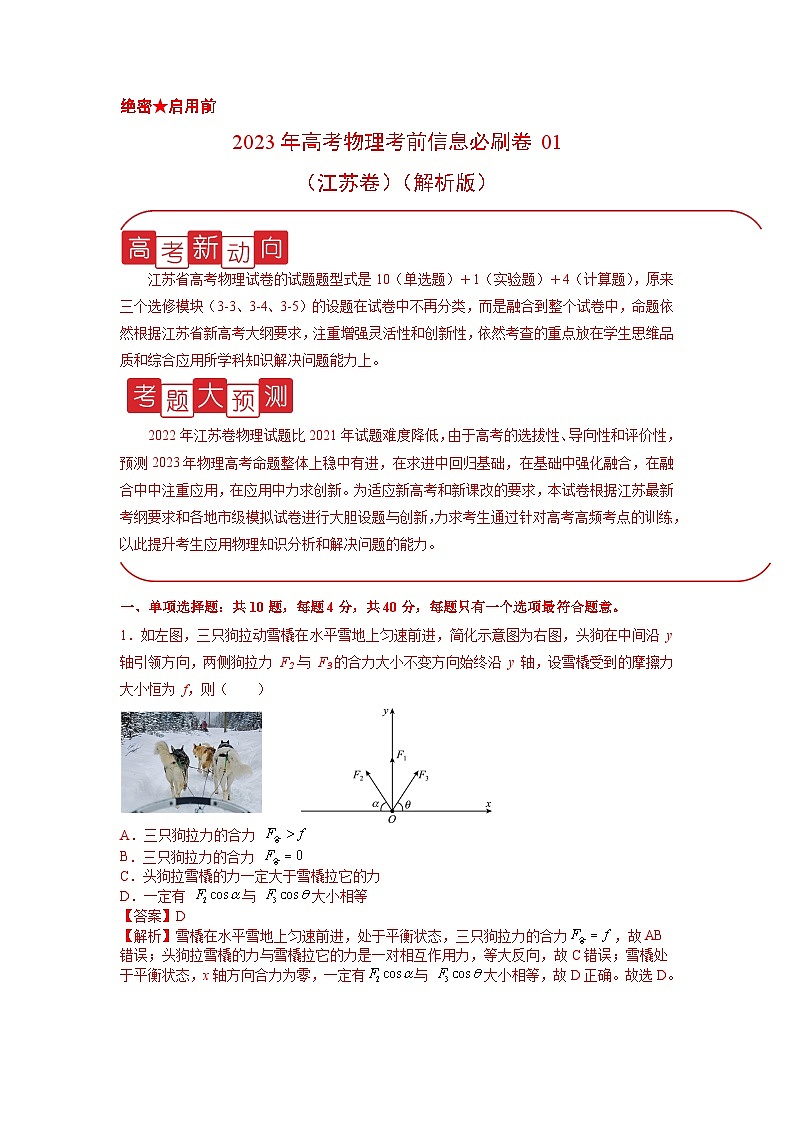 必刷卷01——【高考三轮冲刺】2023年高考物理考前20天冲刺必刷卷（江苏卷）（解析版）第1页