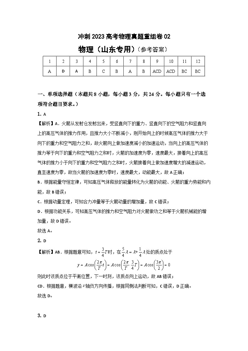 真题重组卷02——2023年高考物理真题汇编重组卷（山东专用）01