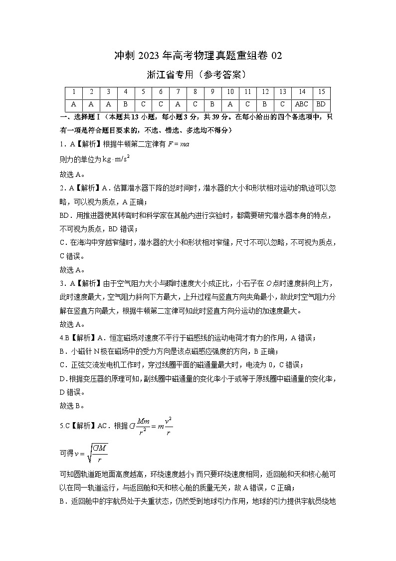 真题重组卷02——2023年高考物理真题汇编重组卷（浙江专用）01