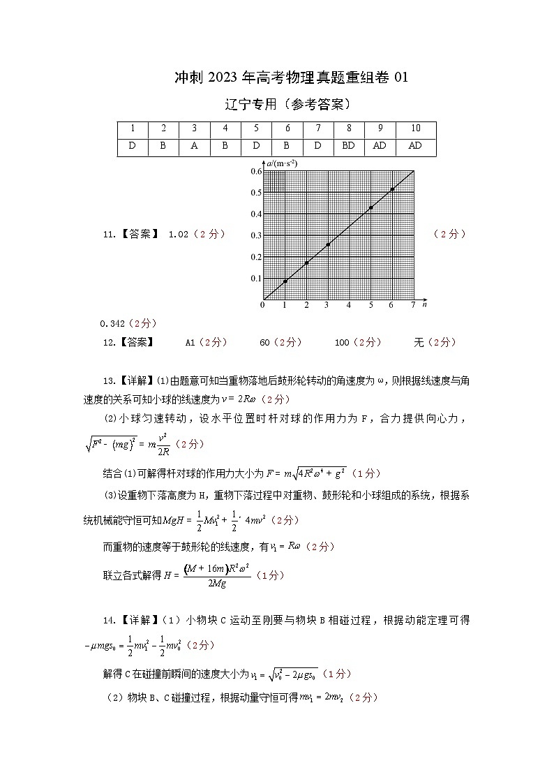 真题重组卷01——2023年高考物理真题汇编重组卷（辽宁专用）（参考答案）第1页